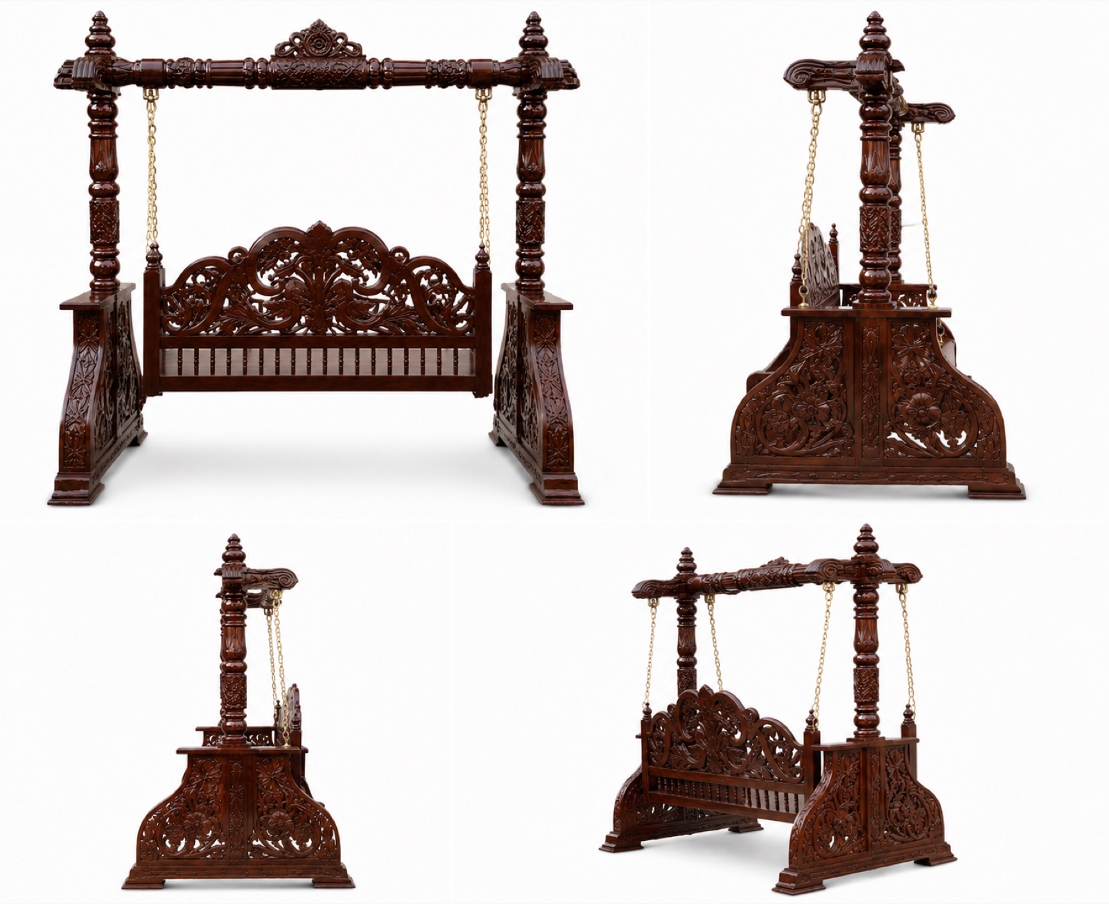 Hand-carved wooden swing shown from front, back, and side angles
